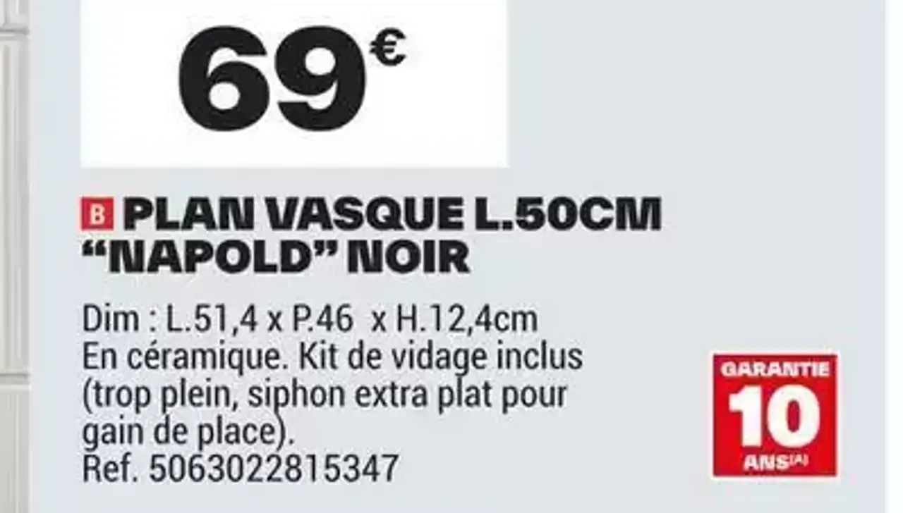 Plan vasque L.50 cm "Napold" noir Cooke & Lewis