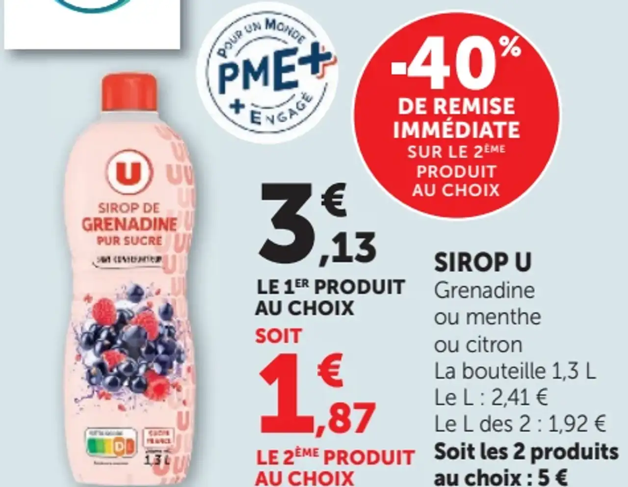 SIROP U Grenadine ou menthe ou citron