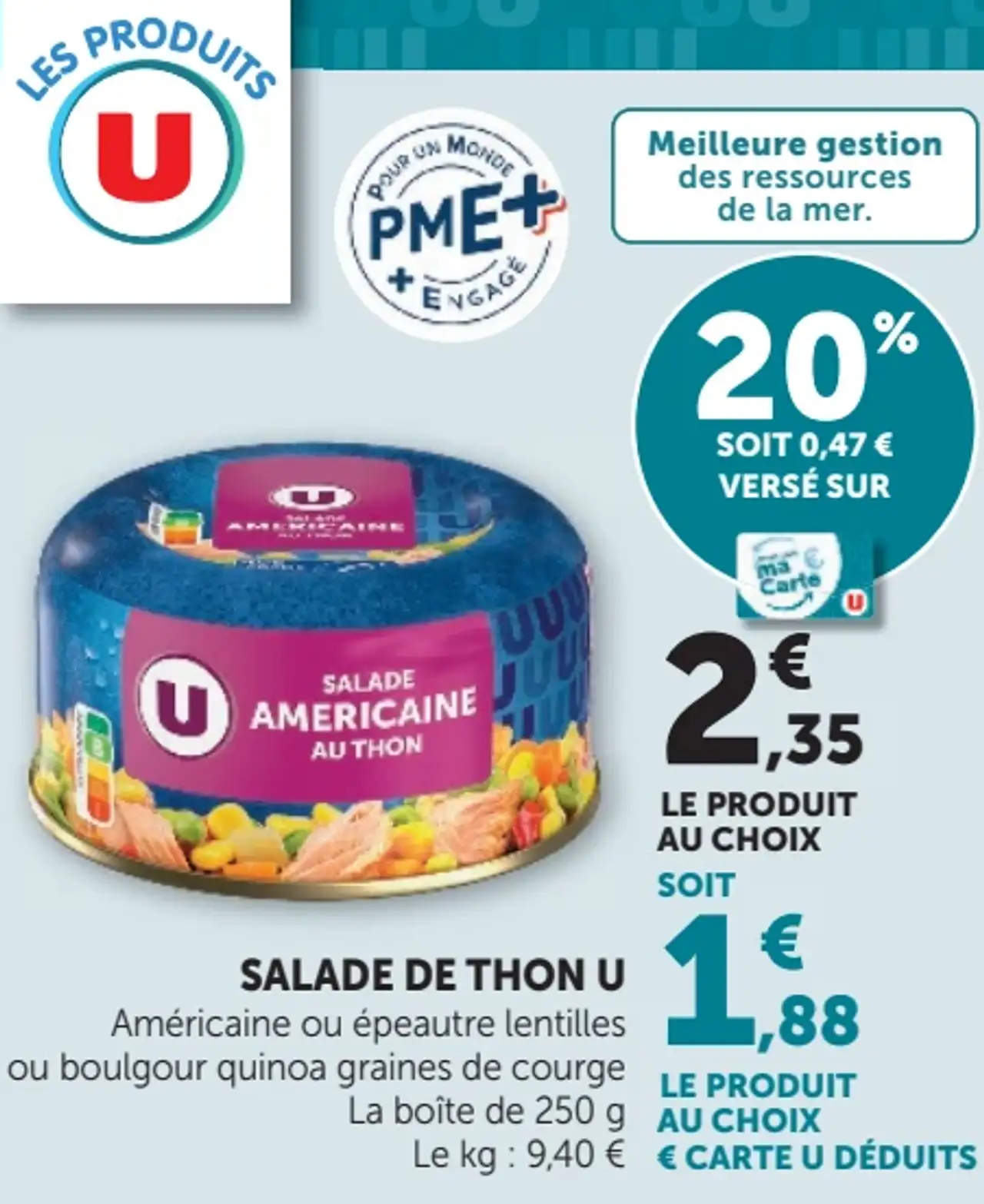 Salade de Thon U Américaine ou épeautre lentilles ou boulgour quinoa graines de courge