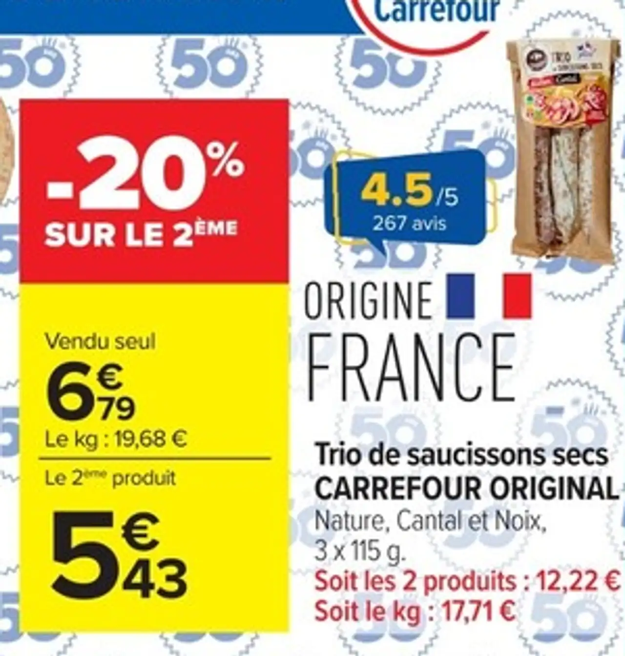 Trio de saucissons secs Carrefour Original