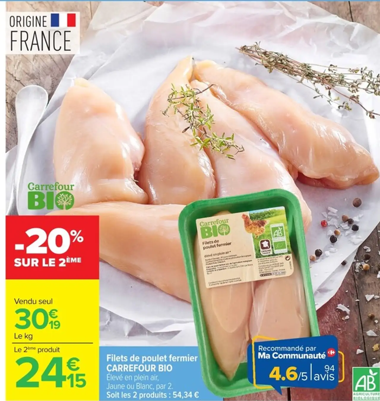 Filets de poulet fermier Carrefour Bio