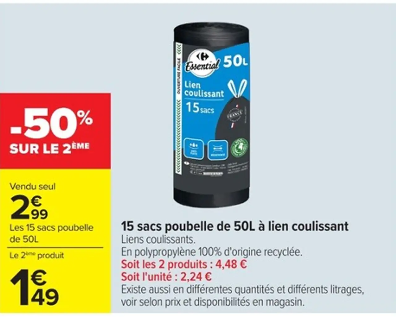 15 sacs poubelle de 50L à lien coulissant Essential