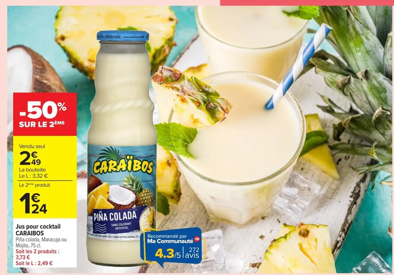 Jus pour cocktail CARAÏBOS Piña colada, Maracuja ou Mojito