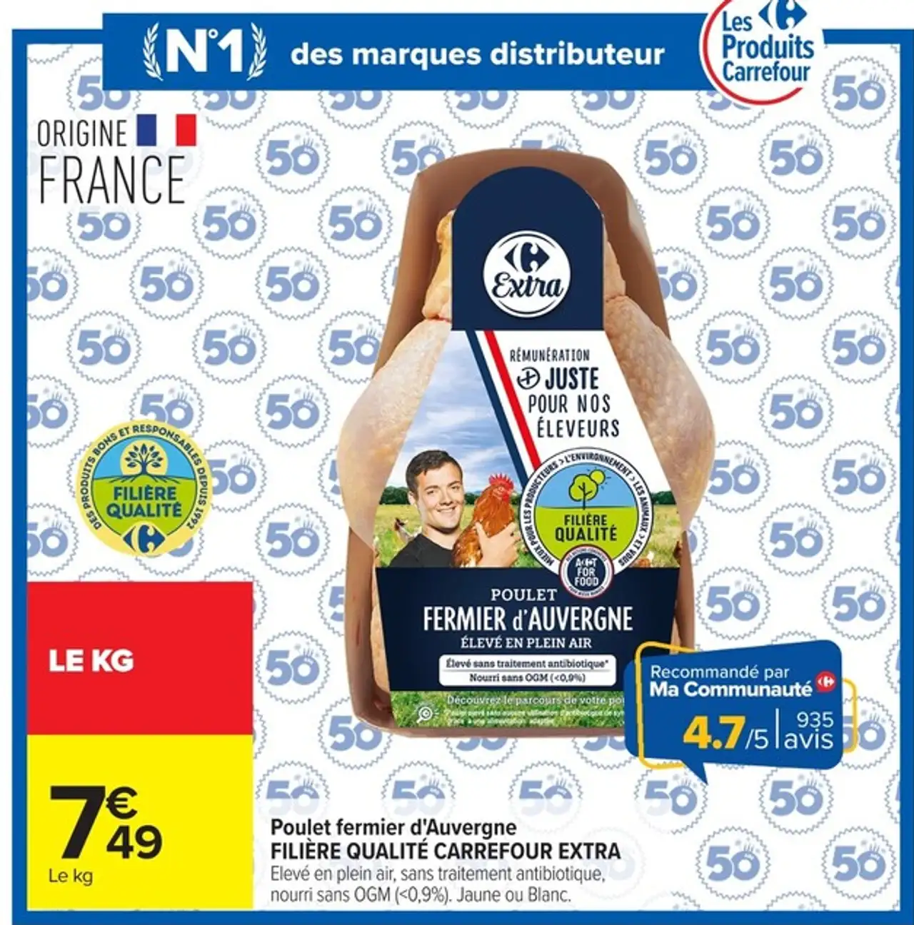 Poulet fermier d'Auvergne FILIÈRE QUALITÉ CARREFOUR EXTRA