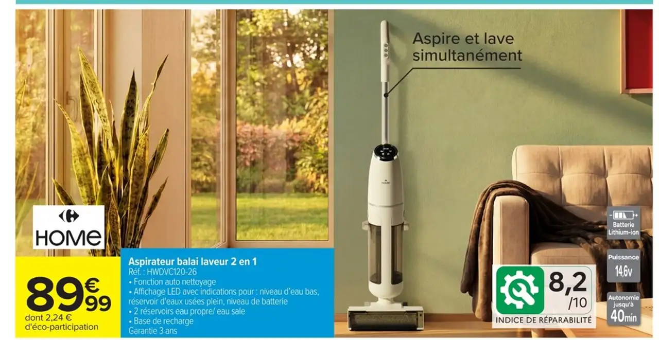 Aspirateur balai laveur 2 en 1 Carrefour Home HWDVC120-26