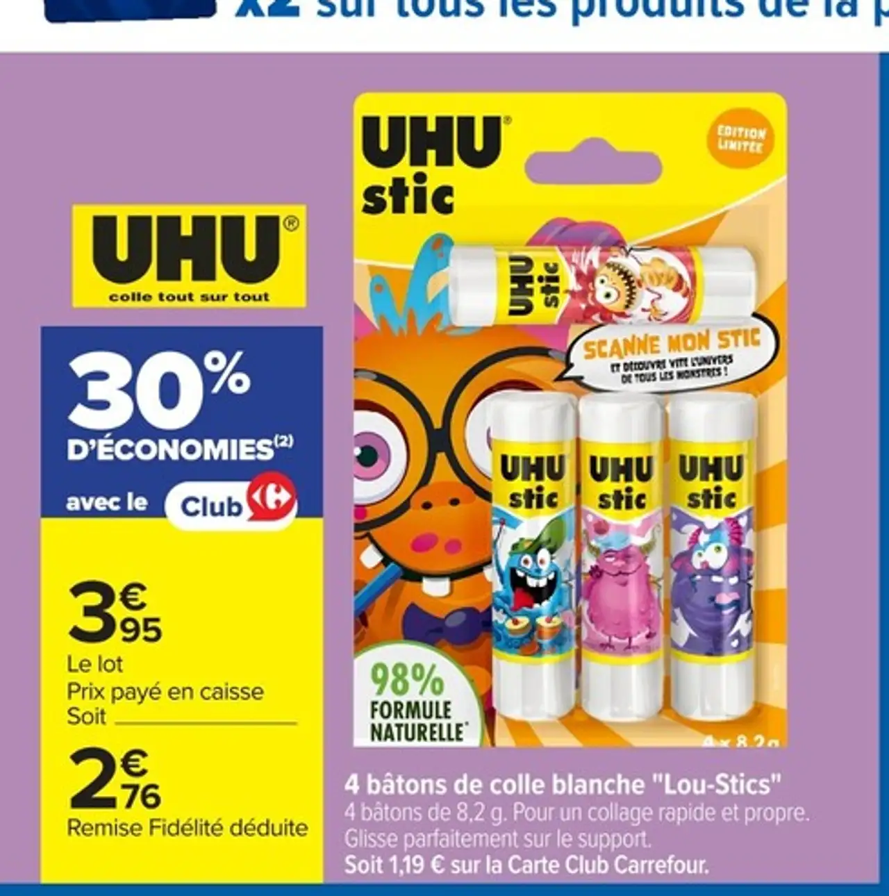4 bâtons de colle blanche "Lou-Stics" UHU stic