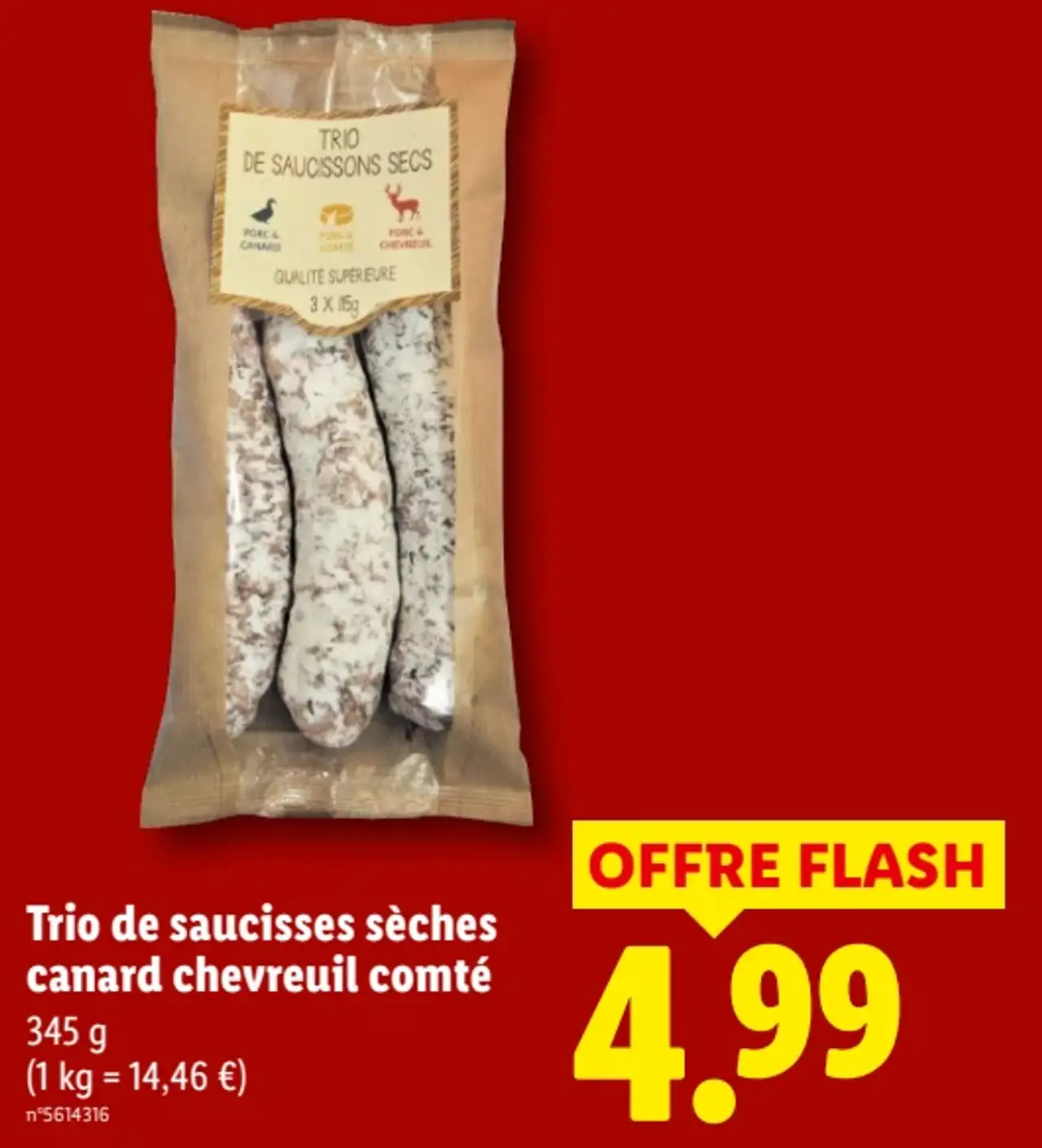 Trio de saucisses sèches canard chevreuil comté