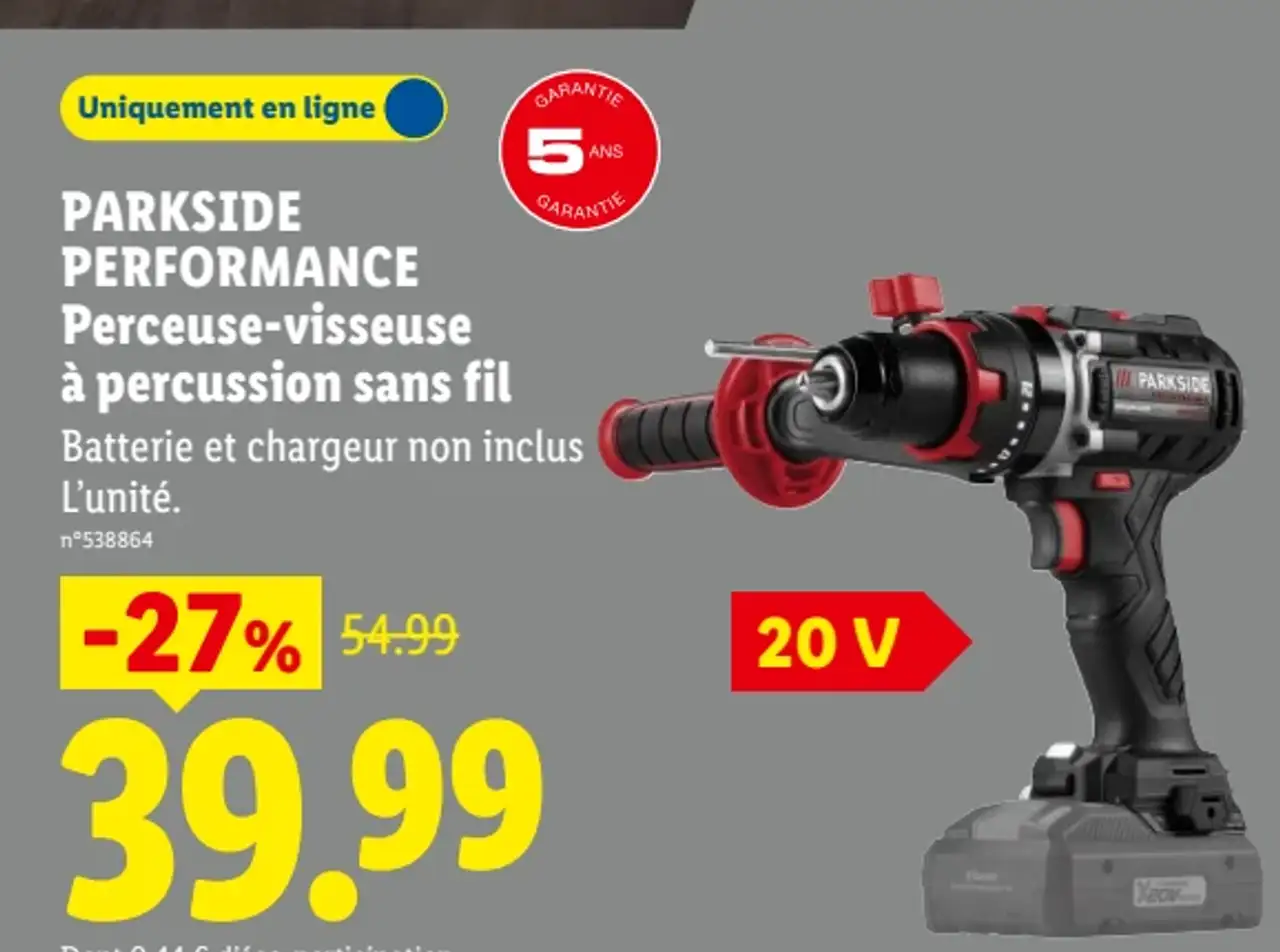 PARKSIDE PERFORMANCE Perceuse-visseuse à percussion sans fil (sans batterie ni chargeur)