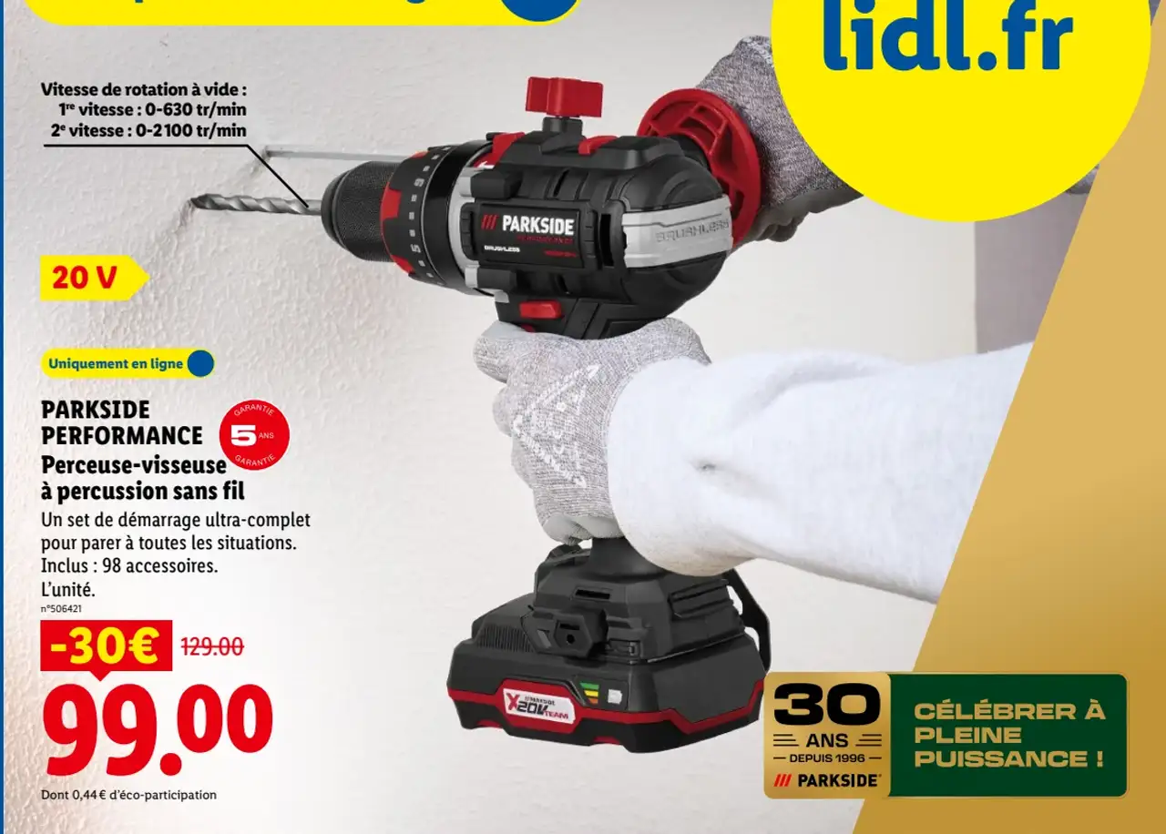 PARKSIDE PERFORMANCE Perceuse-visseuse à percussion sans fil 20 V avec 98 accessoires