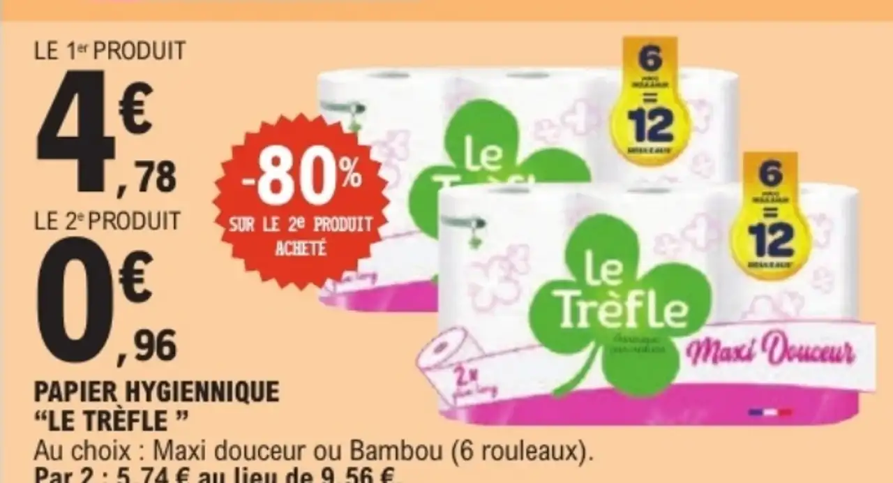 Papier hygiénique Le Trèfle Maxi douceur ou Bambou