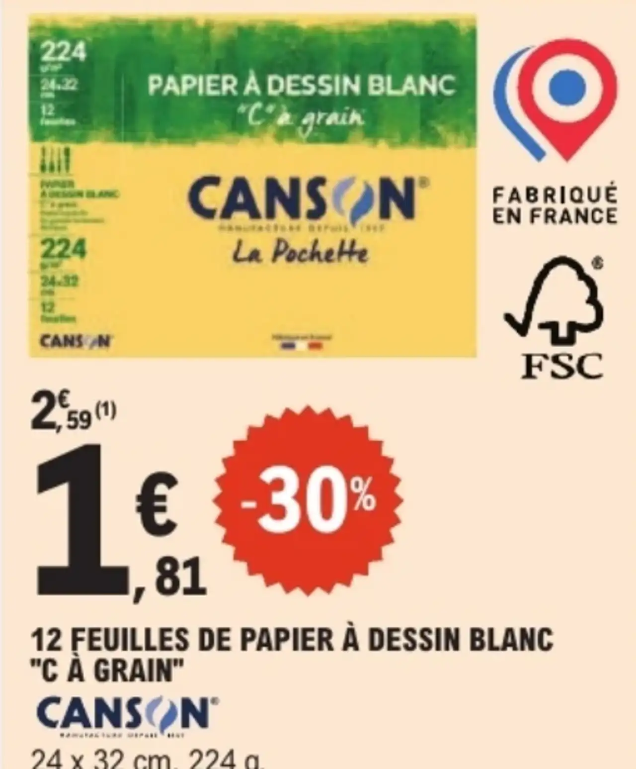 12 feuilles de papier à dessin blanc "C" à grain Canson