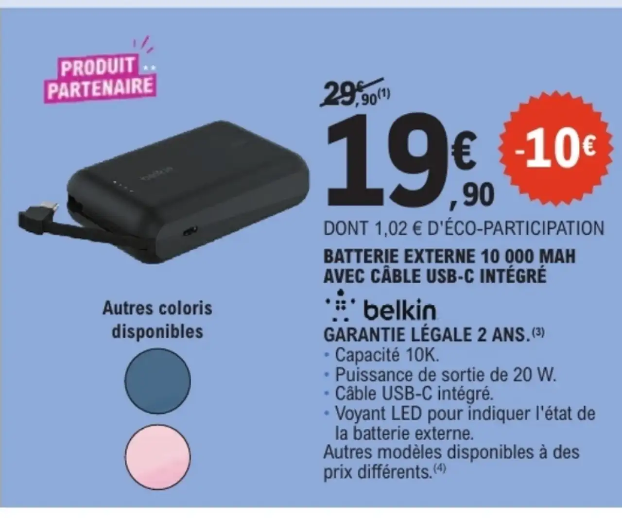 Batterie externe Belkin 10 000 mAh avec câble USB-C intégré