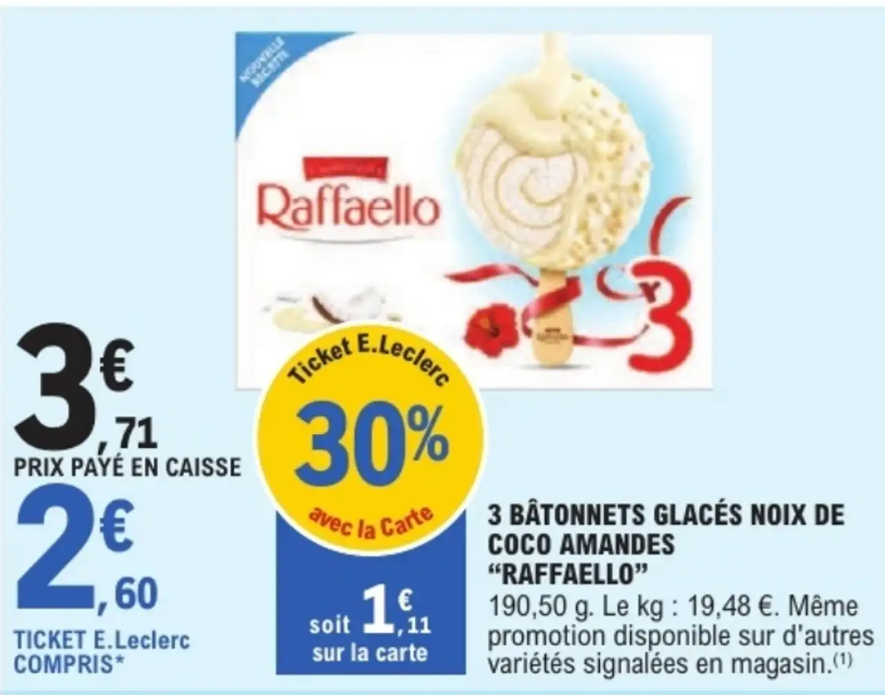 3 BÂTONNETS GLACÉS NOIX DE COCO AMANDES “RAFFAELLO”