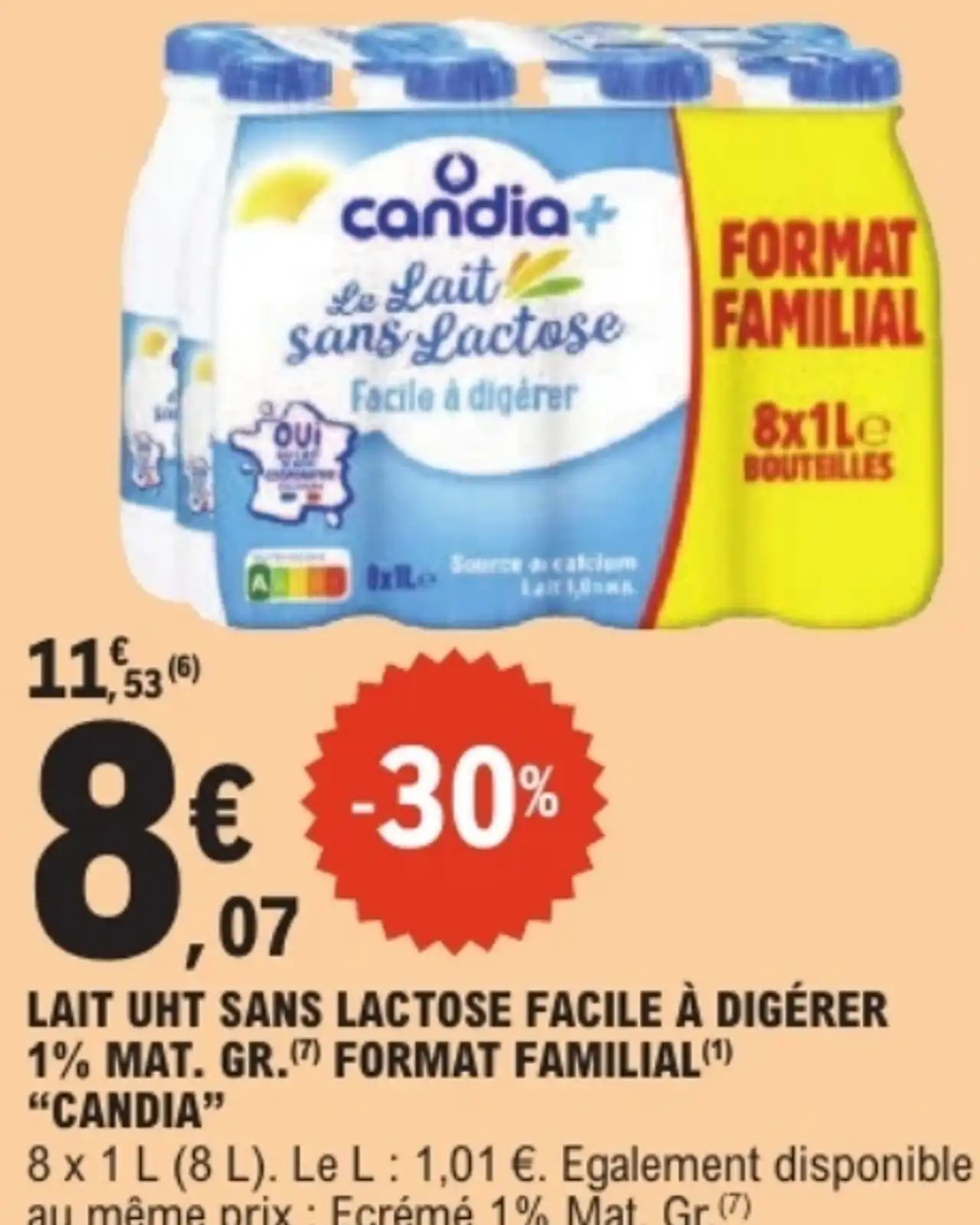 Candia Lait UHT sans lactose facile à digérer