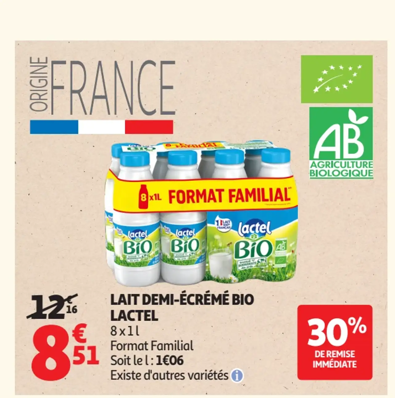 Lait Demi-Écrémé Bio Lactel