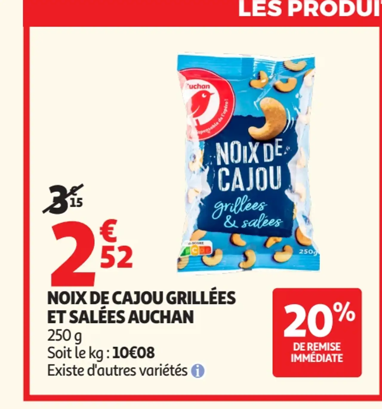 Noix de cajou grillées et salées Auchan