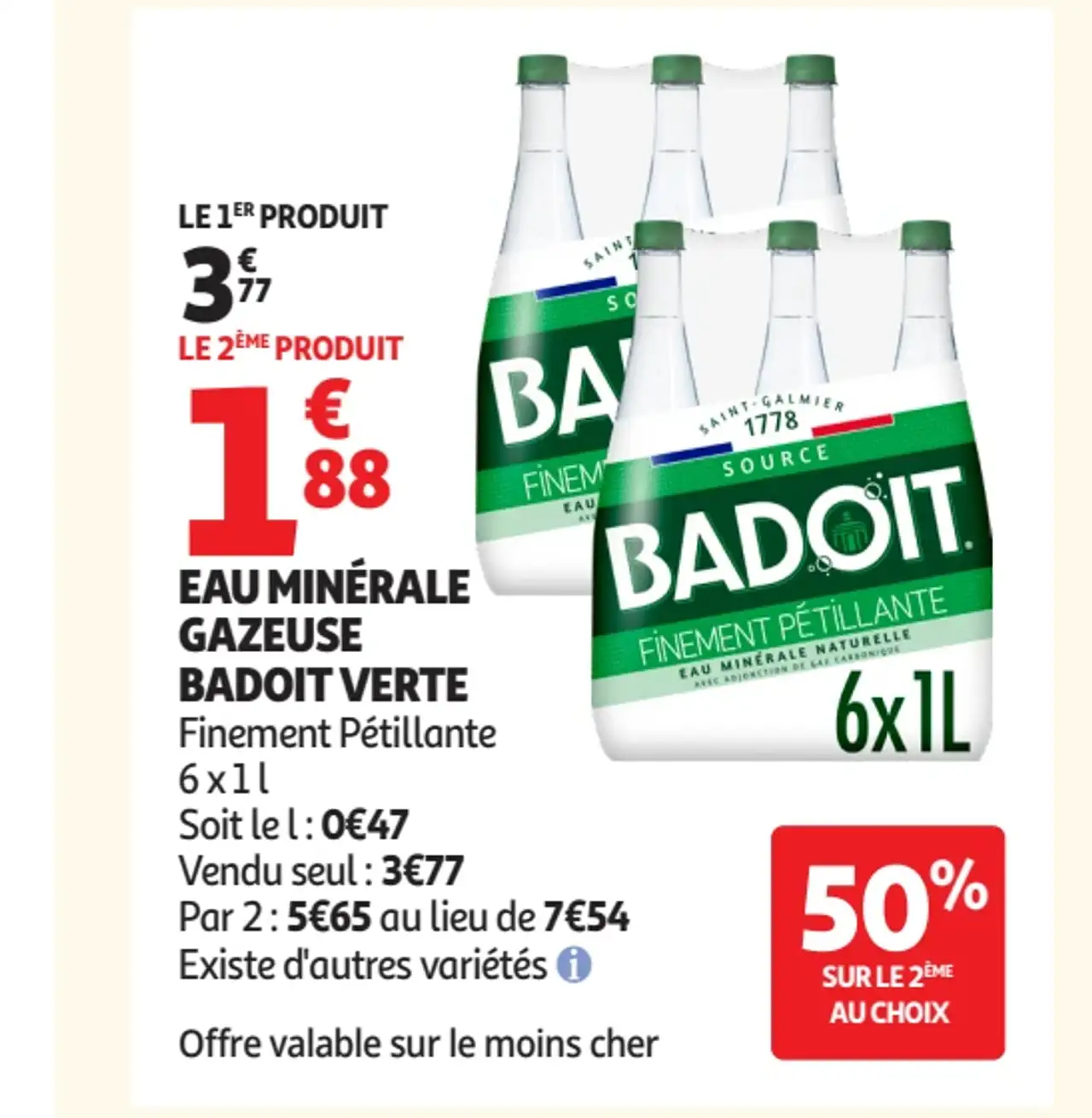 Eau minérale gazeuse Badoit verte finement pétillante