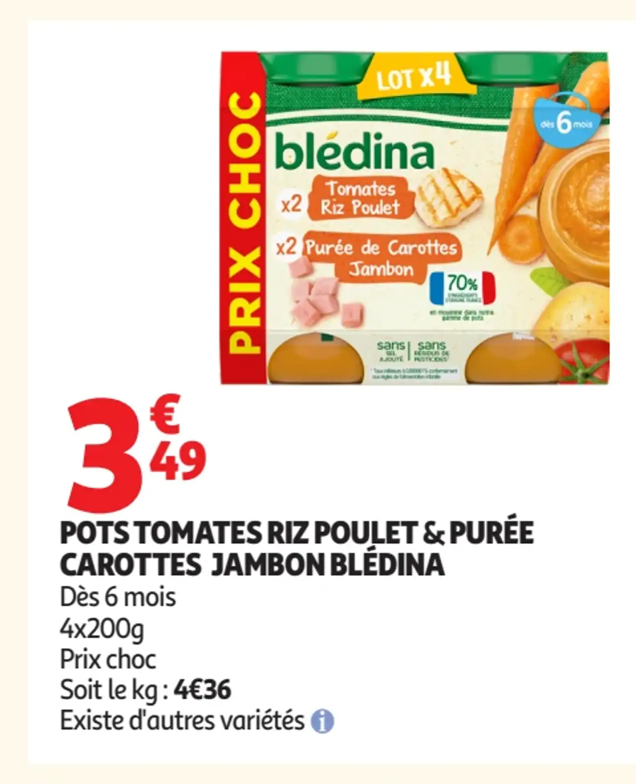 Pots Tomates Riz Poulet & Purée Carottes Jambon Blédina