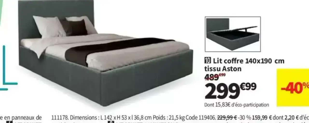Lit coffre 140x190 cm tissu Aston