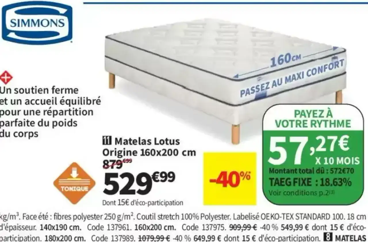 Matelas Lotus Origine Simmons 160x200 cm