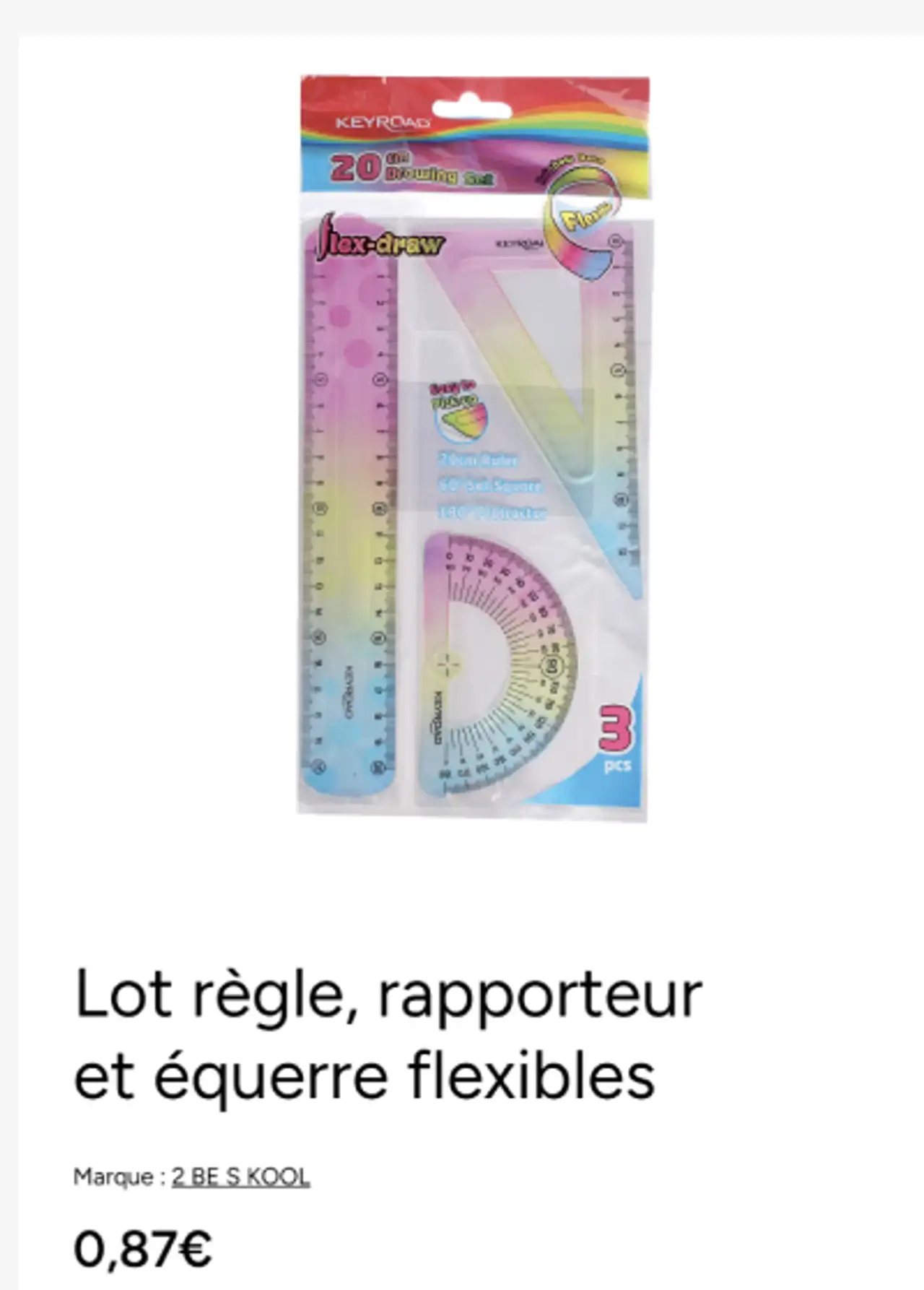 Lot règle, rapporteur et équerre flexibles 2 BE S KOOL