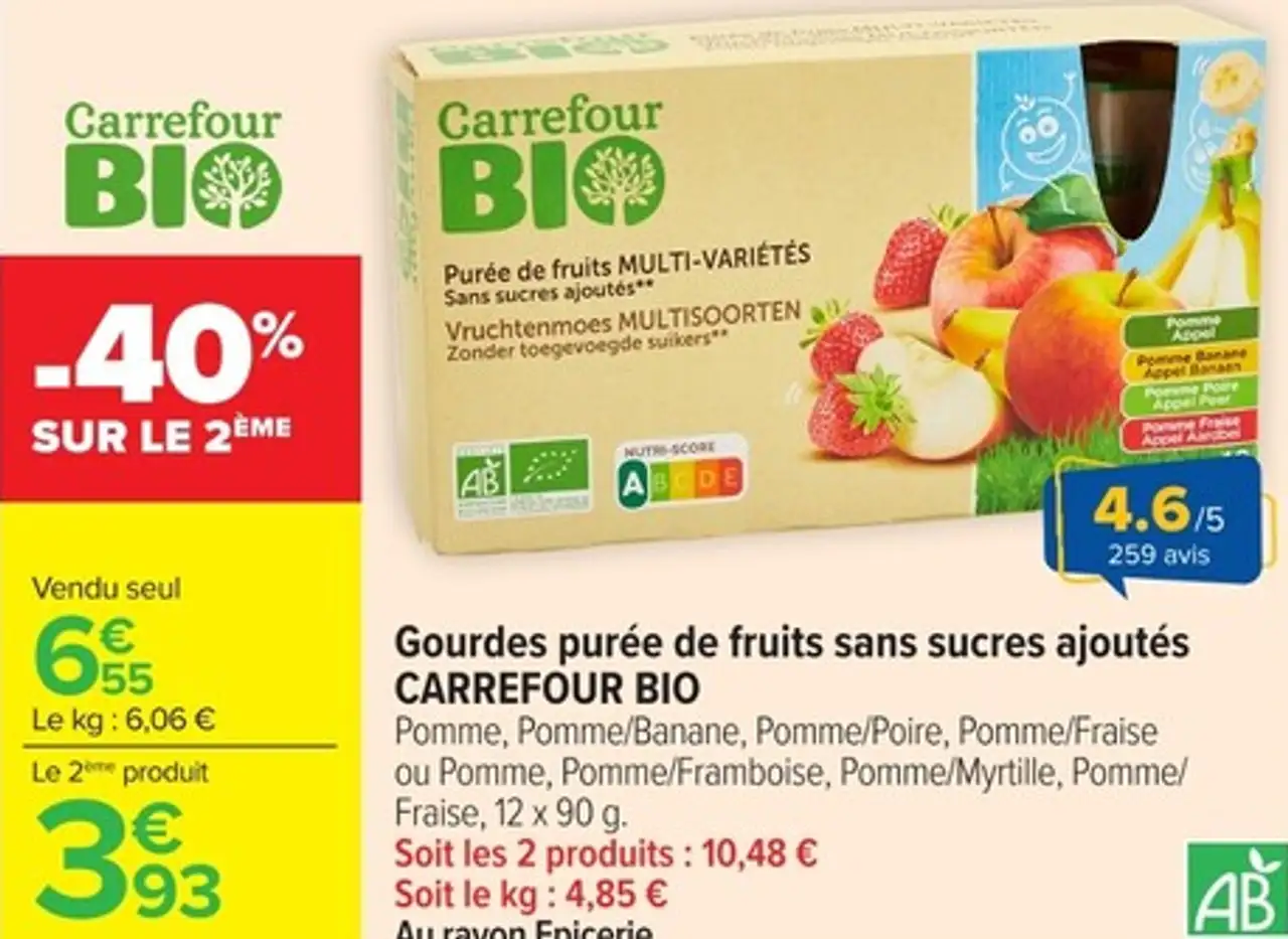 Gourdes purée de fruits sans sucres ajoutés CARREFOUR BIO