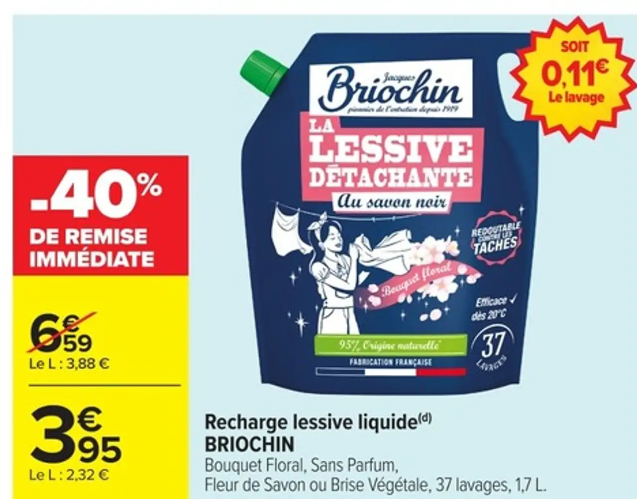 Recharge lessive liquide Briochin Bouquet Floral, Sans Parfum, Fleur de Savon ou Brise Végétale