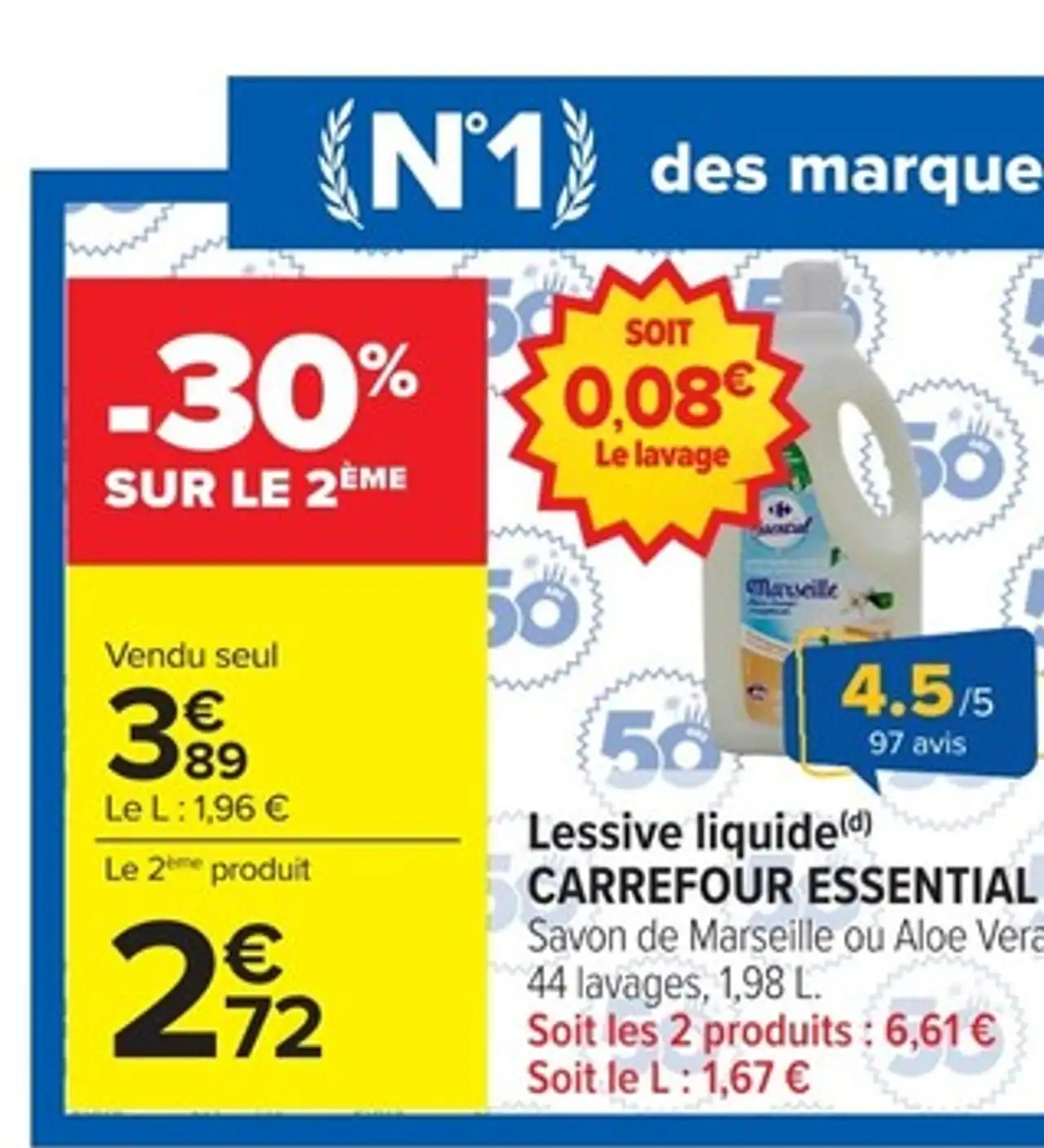 Lessive liquide Carrefour Essential Savon de Marseille ou Aloe Vera