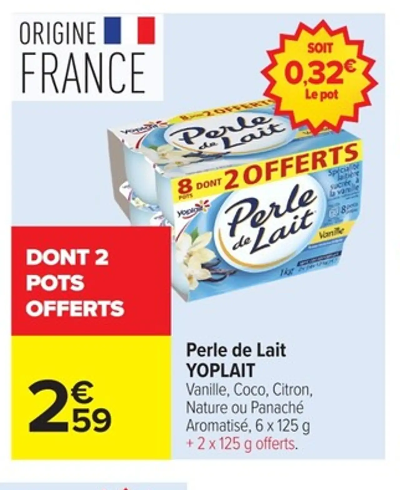 Perle de Lait YOPLAIT Vanille, Coco, Citron, Nature ou Panaché Aromatisé