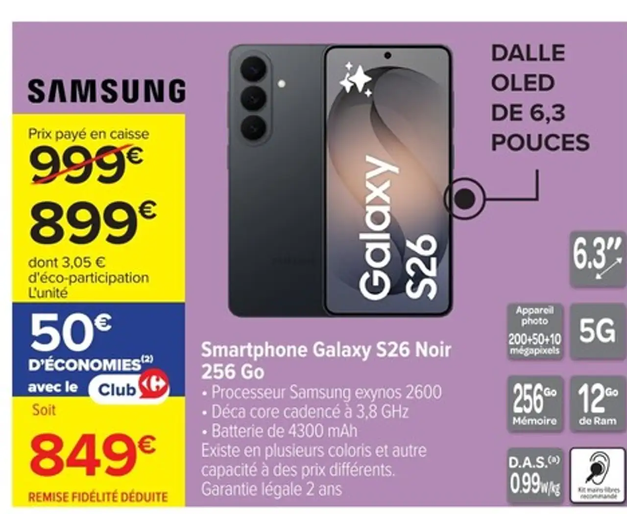 Samsung Smartphone Galaxy S26 Noir 256 Go