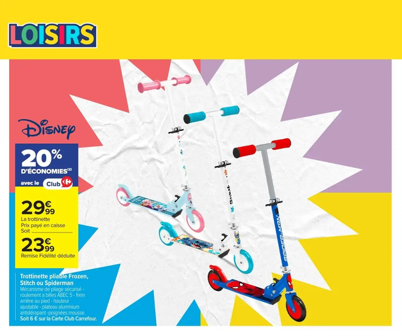 Trottinette pliable Disney (Frozen, Stitch ou Spiderman)
