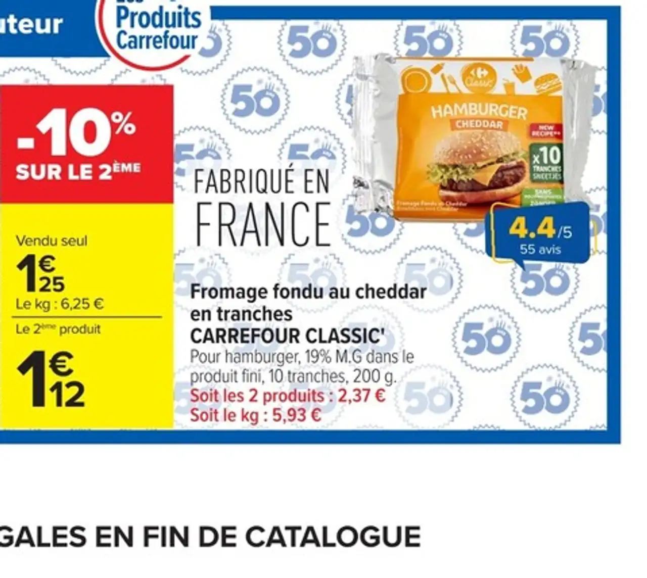 Fromage fondu au cheddar en tranches Carrefour Classic
