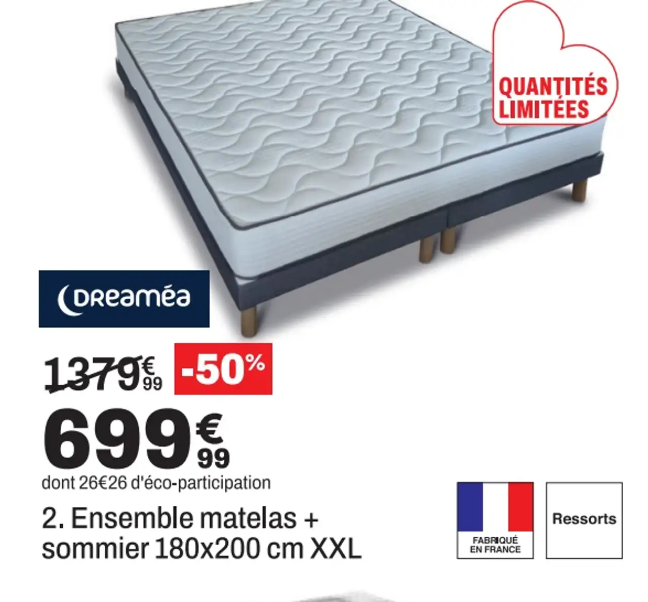 Dreaméa Ensemble matelas + sommier 180x200 cm XXL