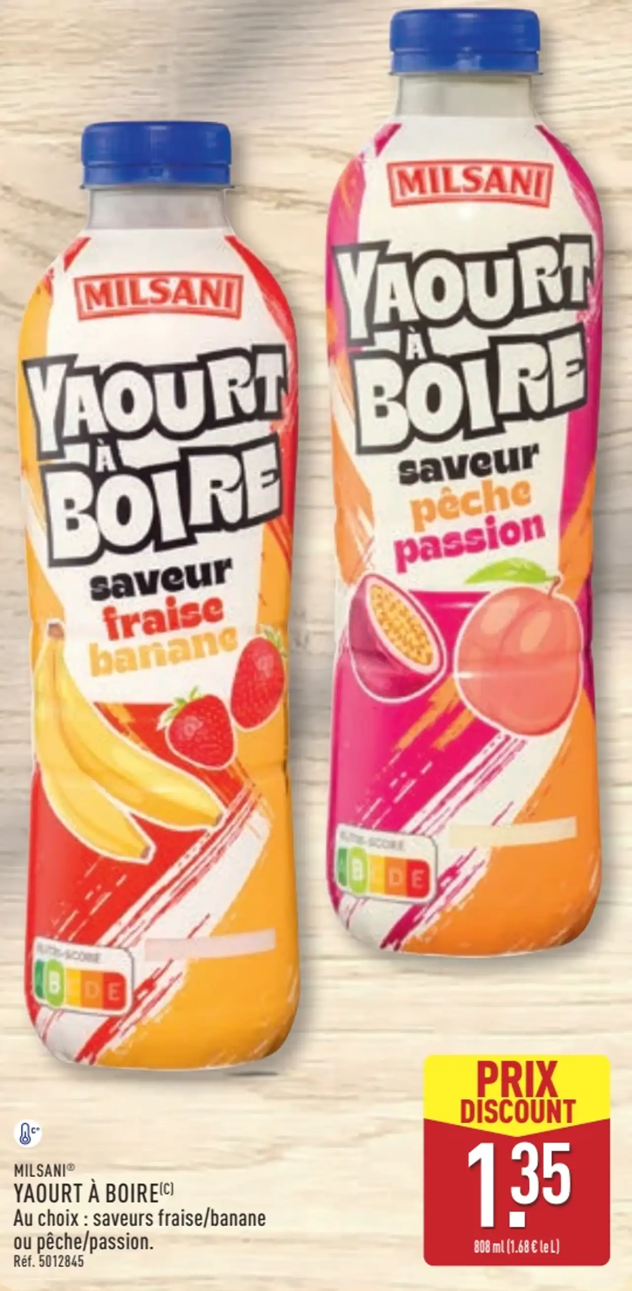MILSANI Yaourt à boire au choix : saveurs fraise/banane ou pêche/passion