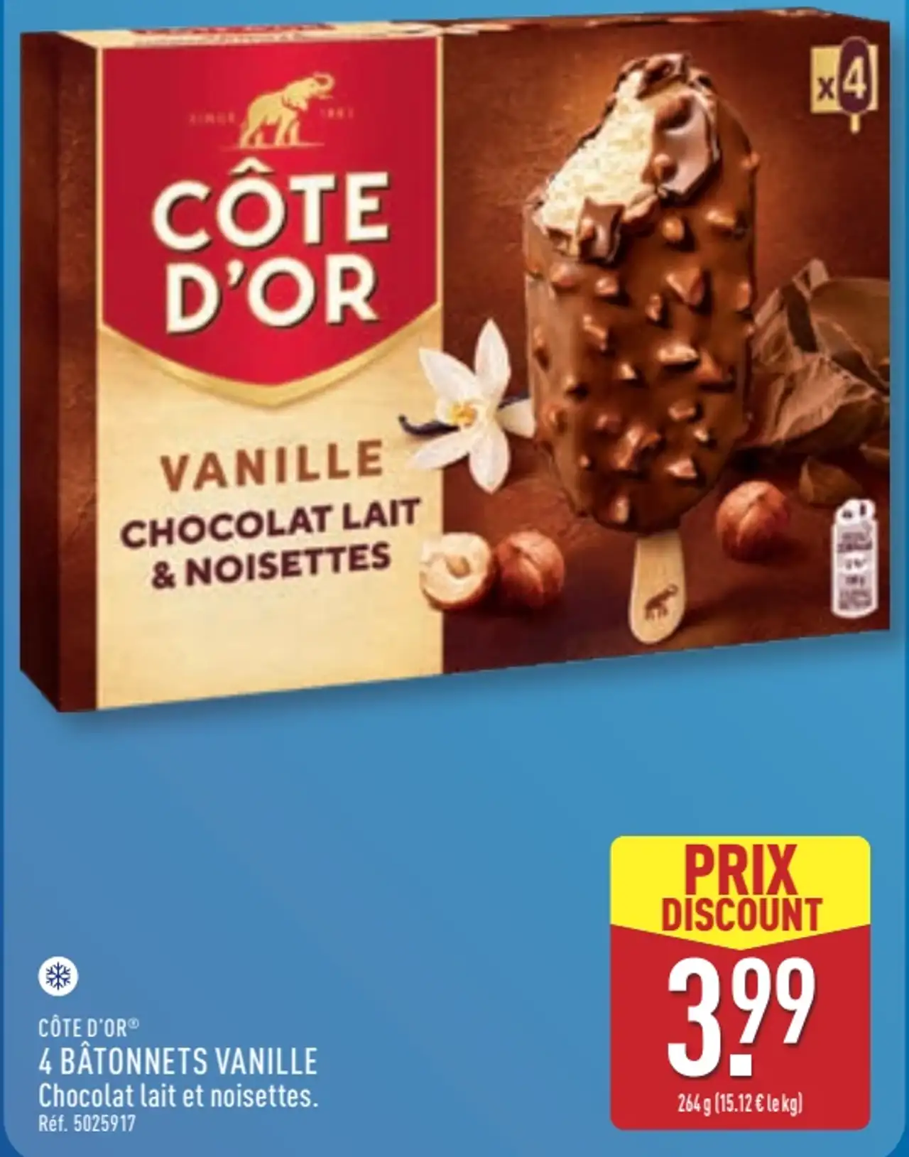 Côte d'Or 4 Bâtonnets Vanille Chocolat lait et noisettes
