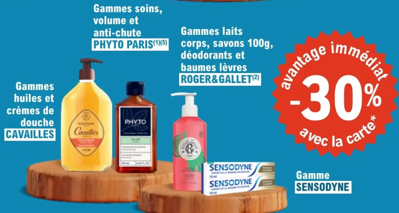 Gammes huiles et crèmes de douche CAVAILLES, Gammes soins, volume et anti-chute PHYTO PARIS, Gammes laits corps, savons 100g, déodorants et baumes lèvres ROGER&GALLET, Gamme SENSODYNE