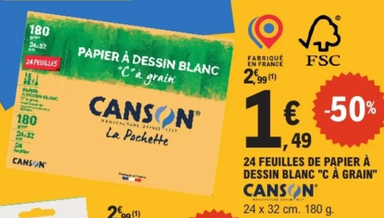 24 feuilles de papier à dessin blanc "C à grain" Canson 24 x 32 cm