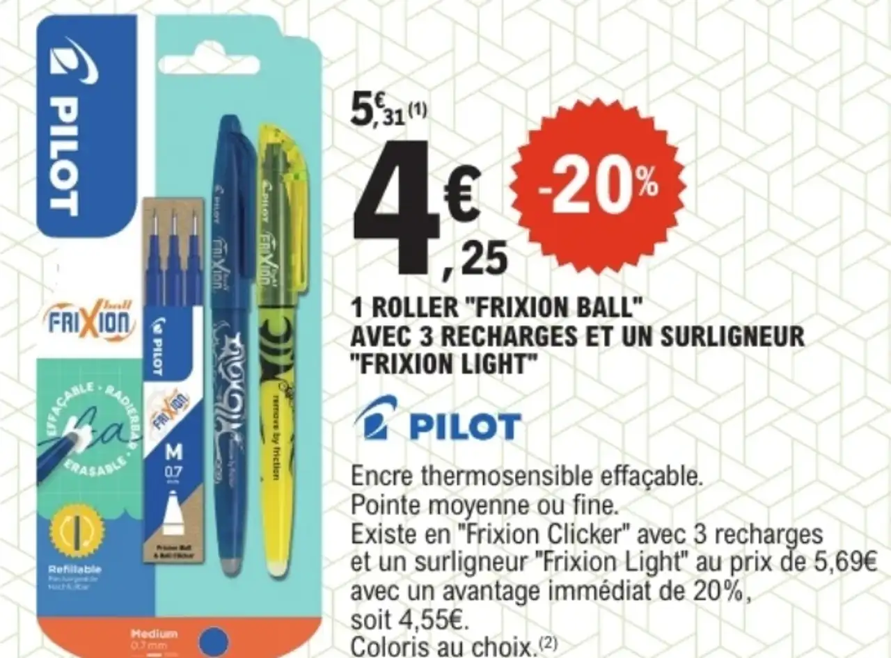 1 Roller "Frixion Ball" avec 3 recharges et un surligneur "Frixion Light" Pilot