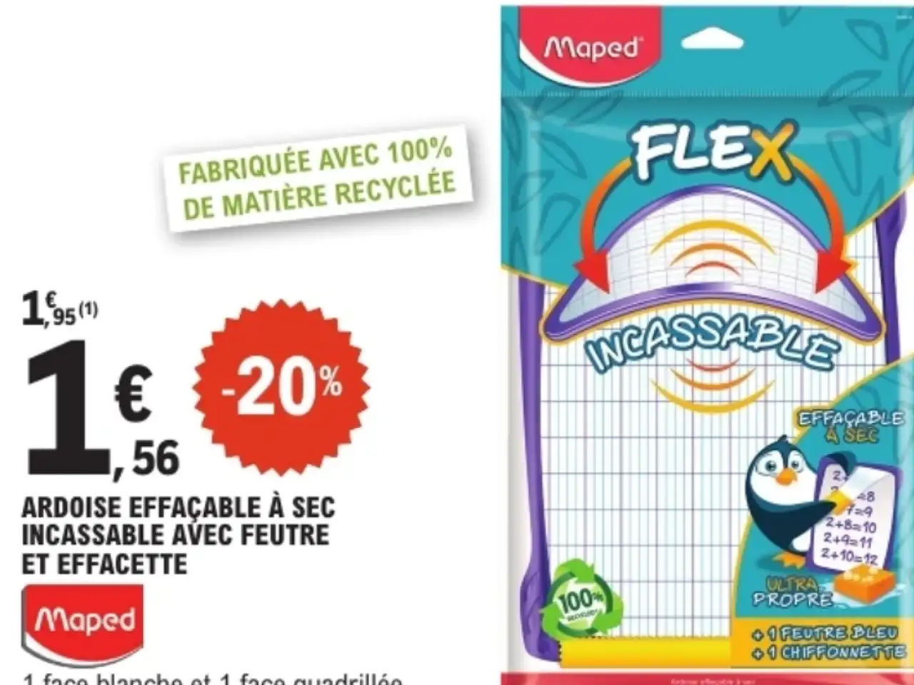 Ardoise effaçable à sec incassable avec feutre et effacette Maped Flex
