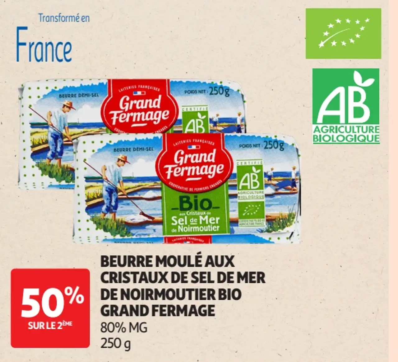 Beurre moulé aux cristaux de sel de mer de Noirmoutier Bio Grand Fermage