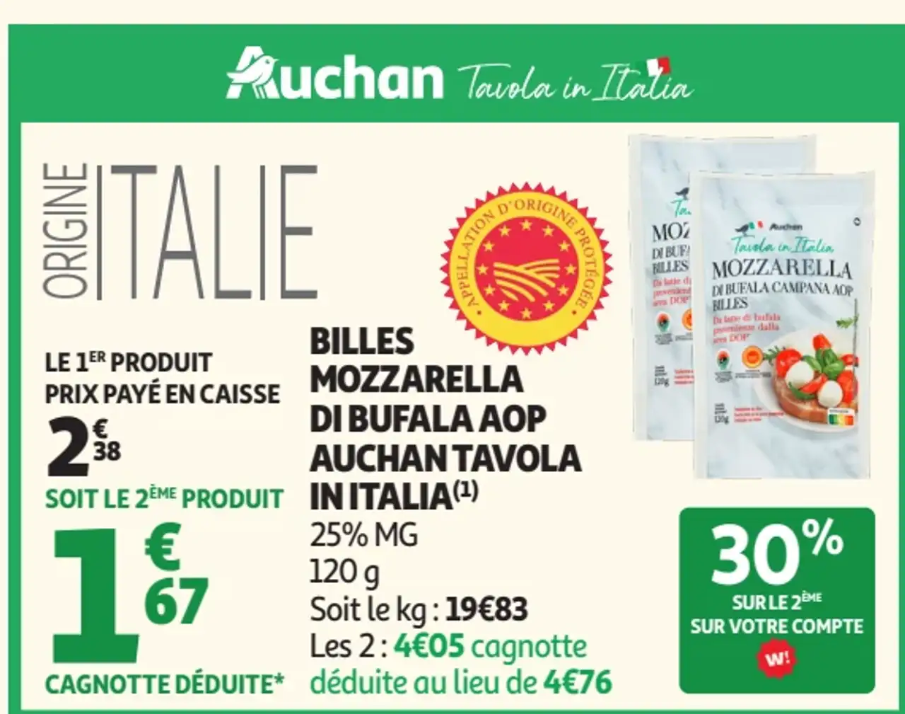 Billes Mozzarella di bufala AOP Auchan Tavola in Italia