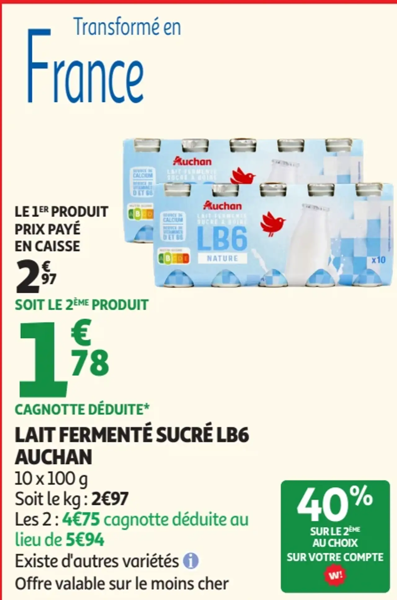 Lait fermenté sucré LB6 Auchan