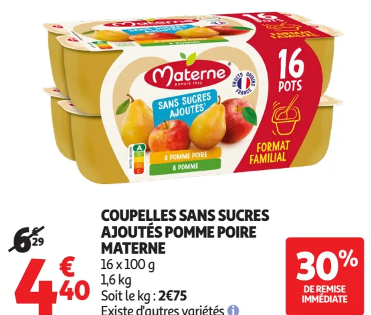 Coupelles sans sucres ajoutés pomme poire Materne
