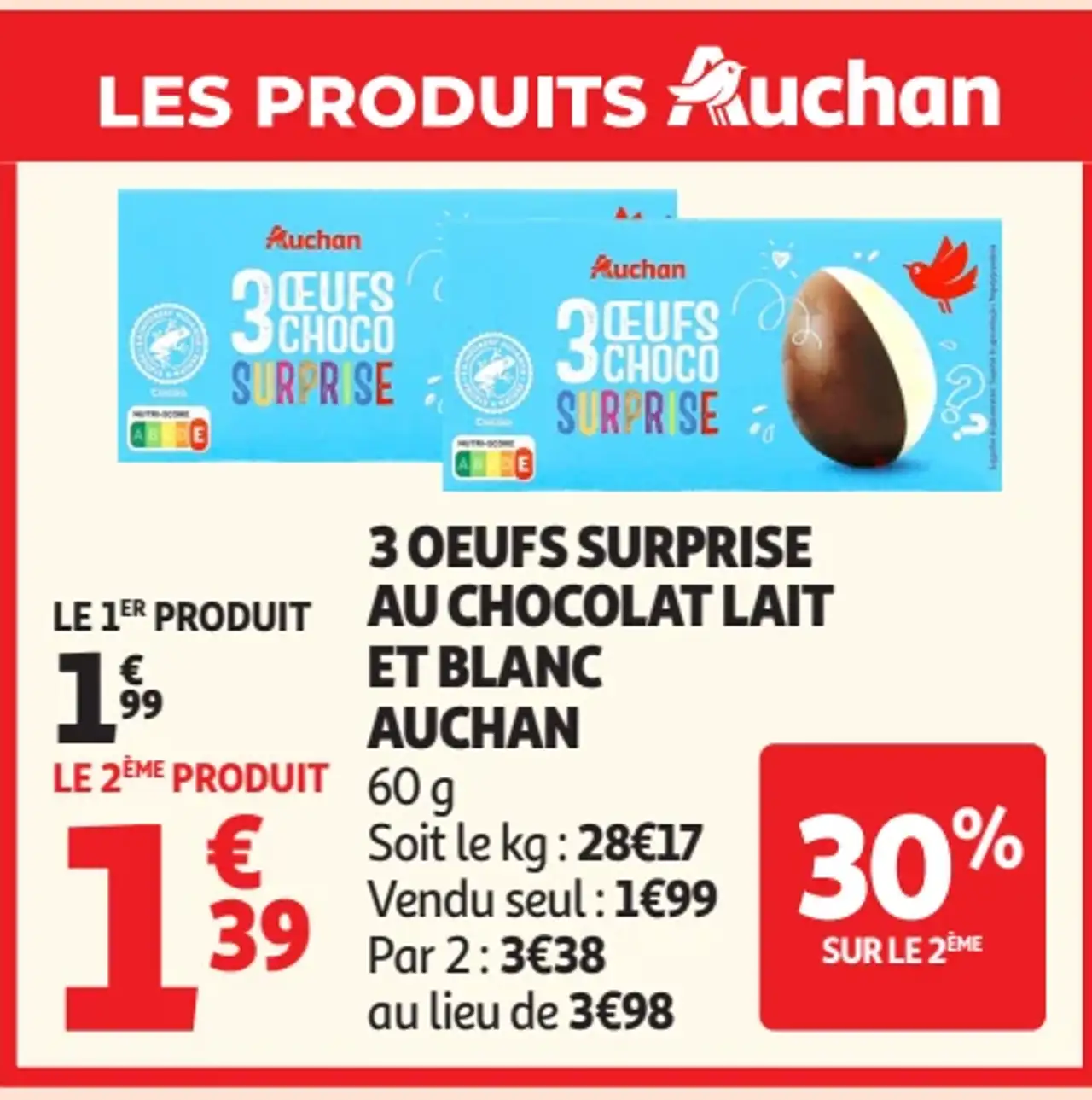 3 oeufs surprise au chocolat lait et blanc Auchan