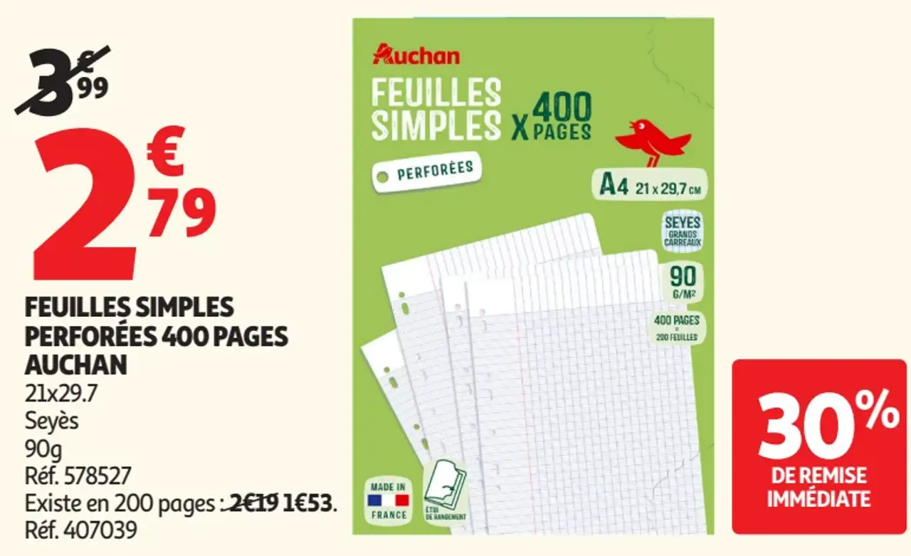 Auchan Feuilles simples perforées 400 pages