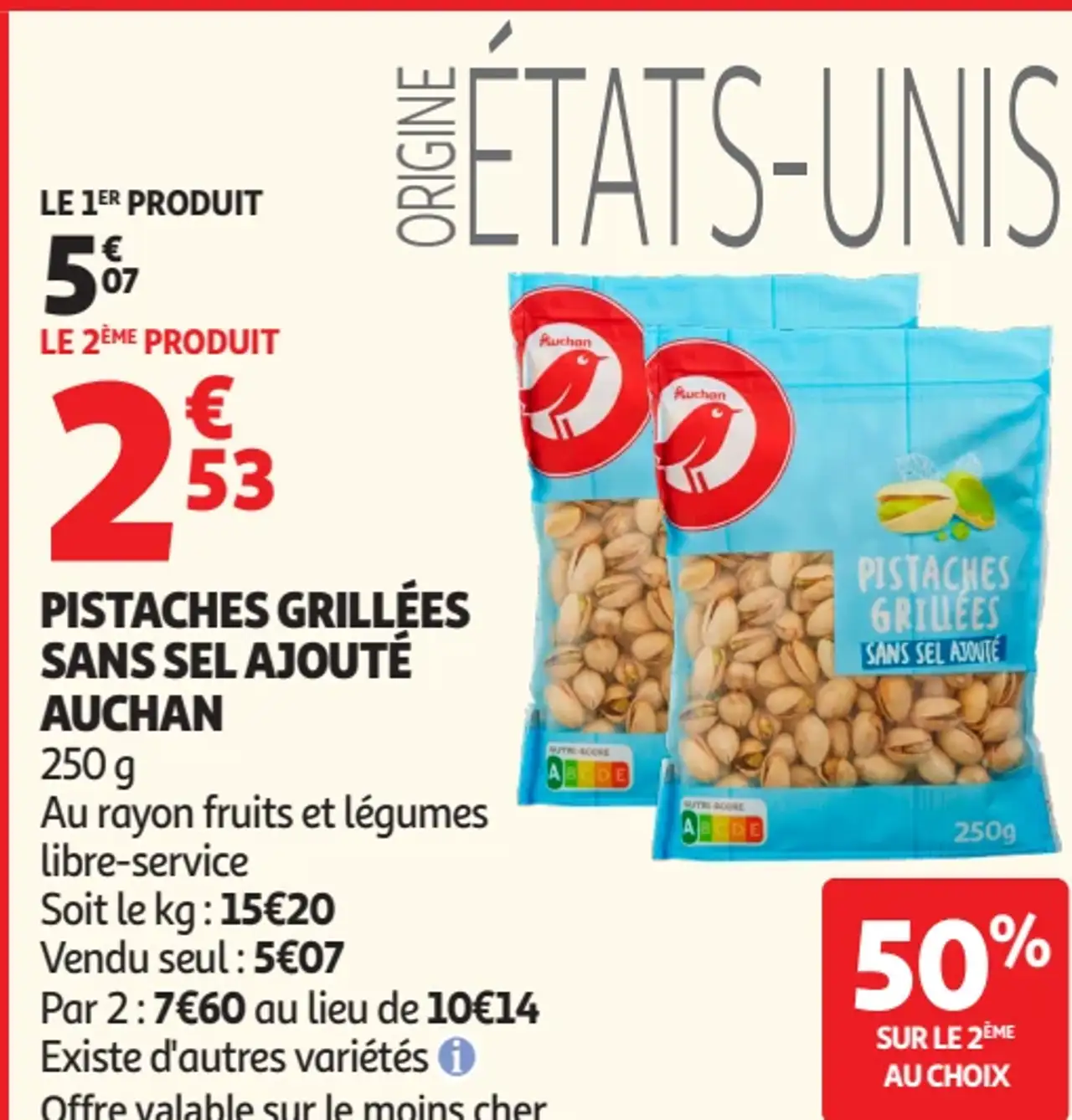Pistaches grillées sans sel ajouté Auchan