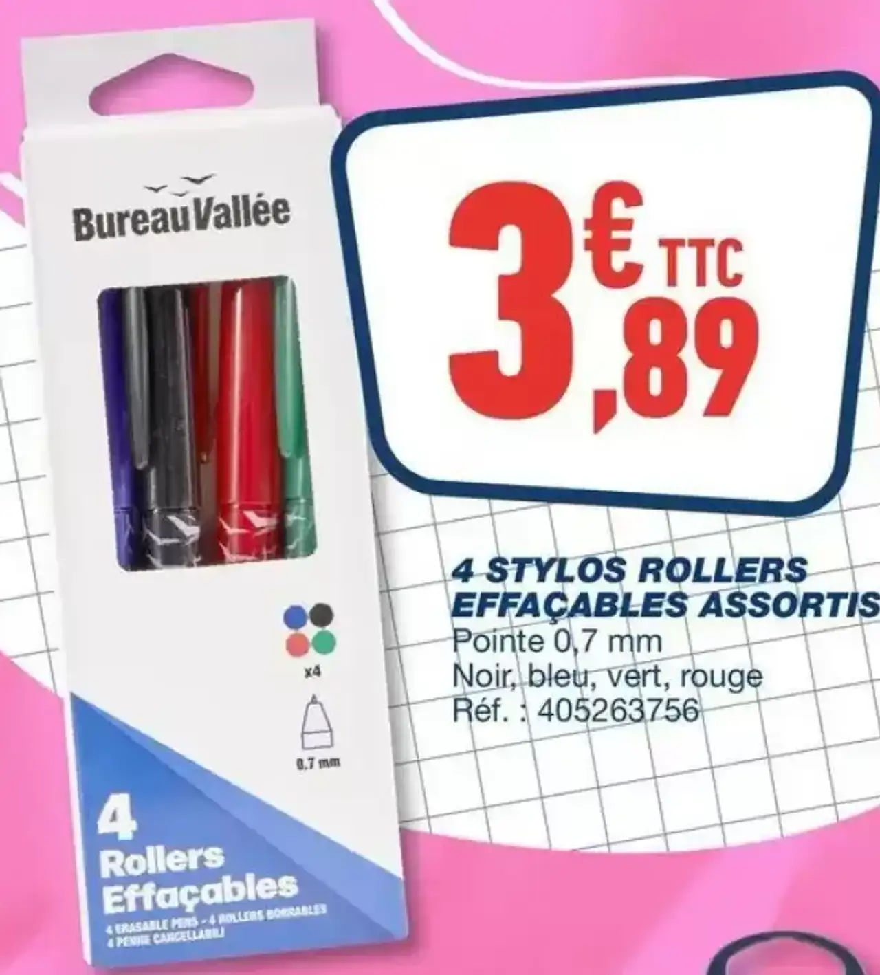 Bureau Vallée 4 Stylos Rollers Effaçables Assortis