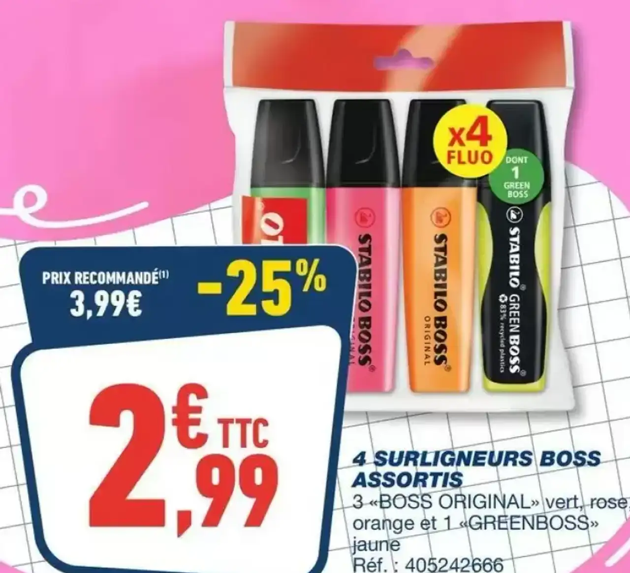 4 Surligneurs Boss Assortis Stabilo Boss