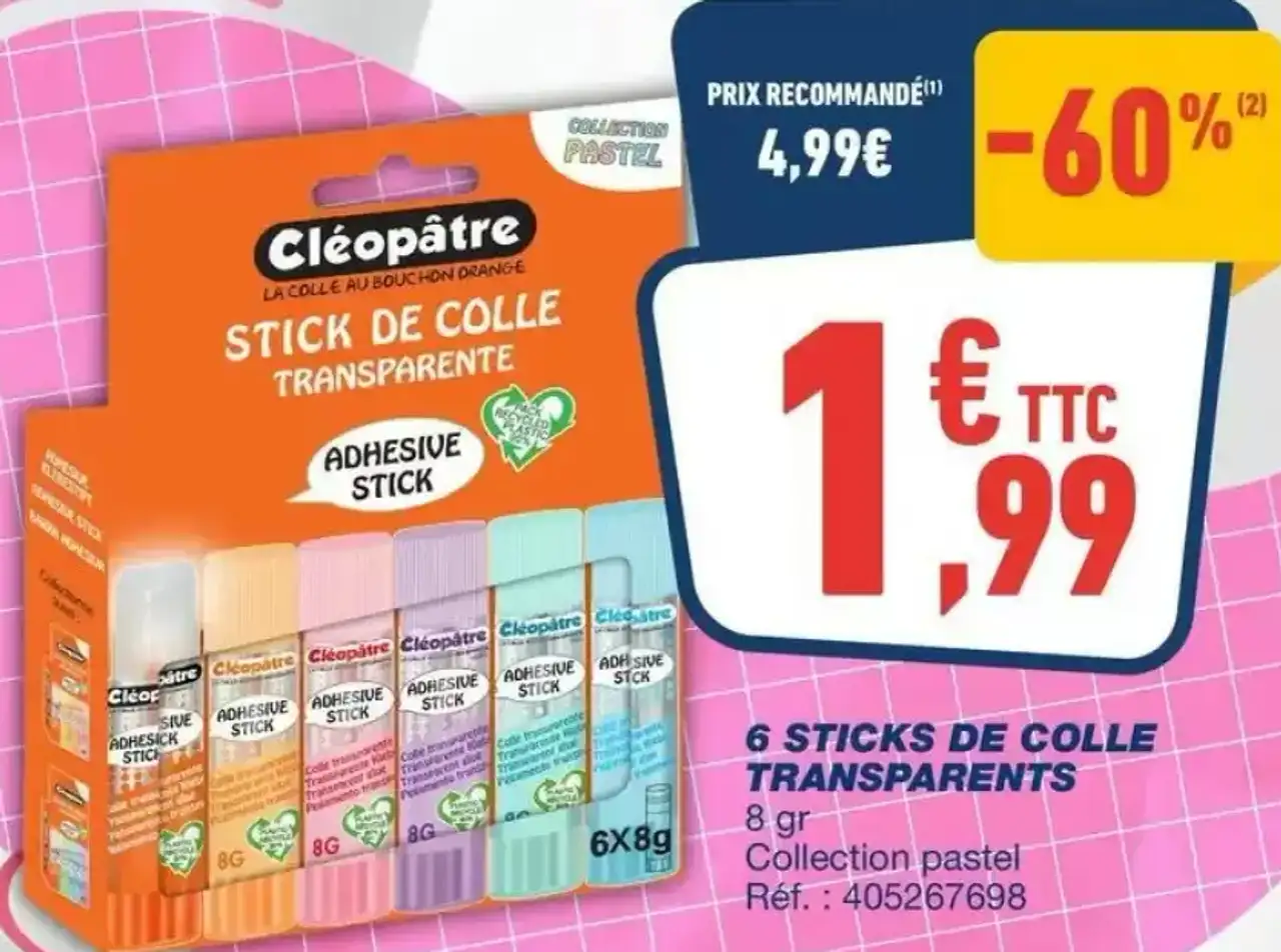 Cléopâtre 6 Sticks de Colle Transparents Collection Pastel