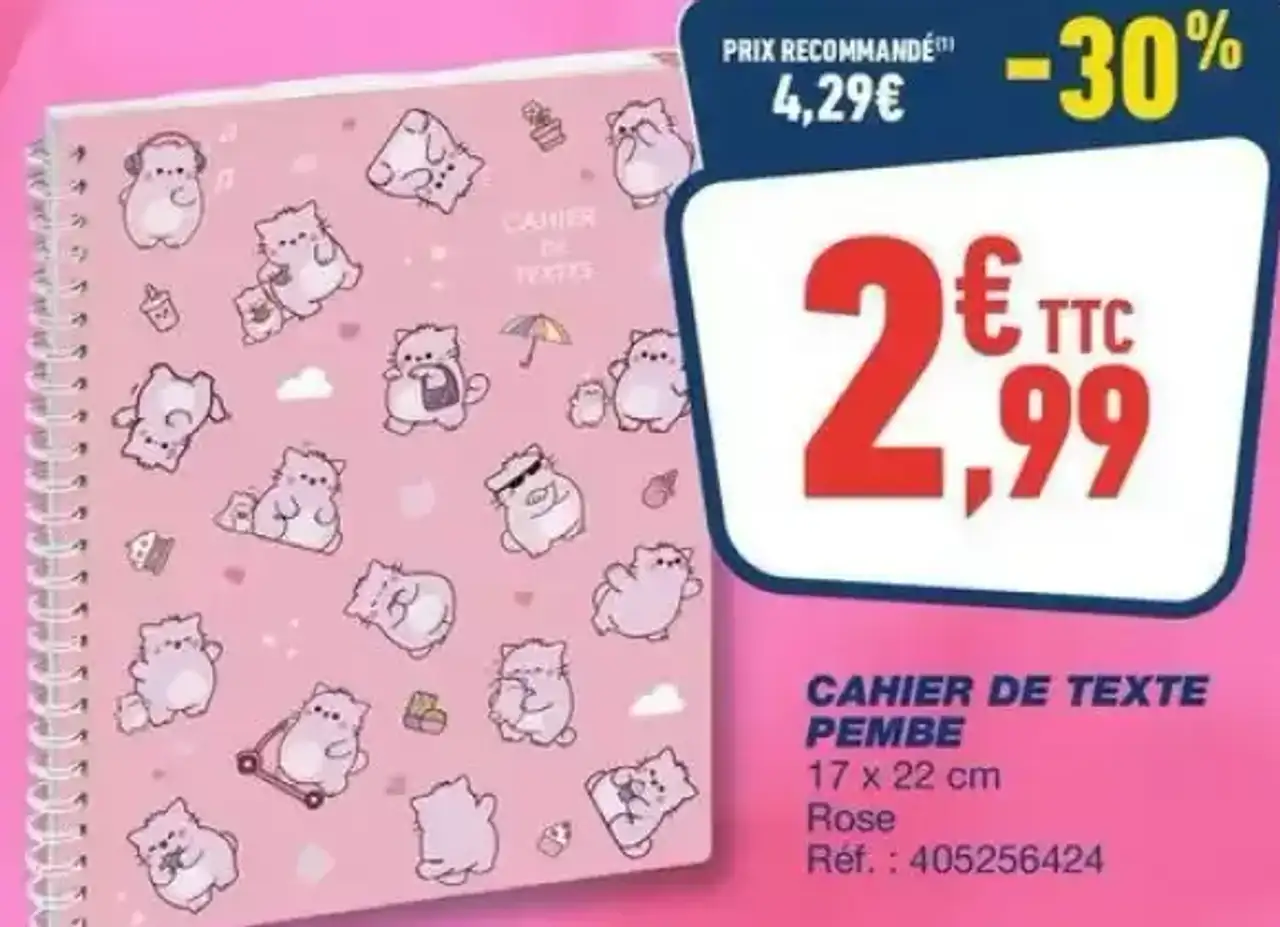 CAHIER DE TEXTE PEMBE 17 x 22 cm - Rose
